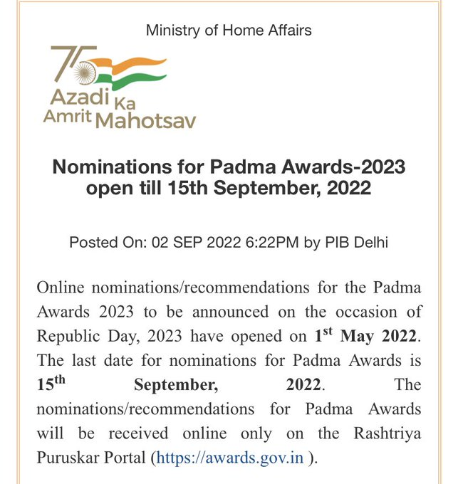 ‘पद्म पुरस्कार – 2023’ के लिए नामांकन 15 सितंबर, 2022 तक आमंत्रित हैं    