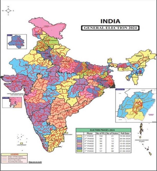 लोकसभा और आंध्र प्रदेश, अरुणाचल प्रदेश, ओडिशा और सिक्किम की विधान सभाओं के लिए 2024 के आम चुनावों के कार्यक्रम की घोषणा मानचित्र और तालिकाओं में